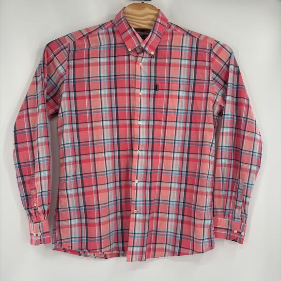 Barbour Mens Large Pink Blue Check Long Sleeve Button Down Light Flannel Shirt - Picture 5 of 6